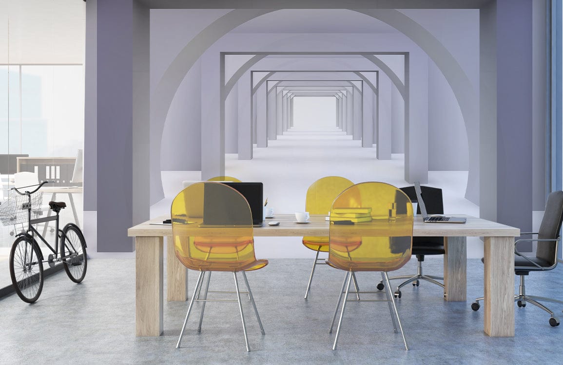 Modern grey wallpaper, illusionary design in minimalist office, yellow chairs, wooden table, tiled flooring.