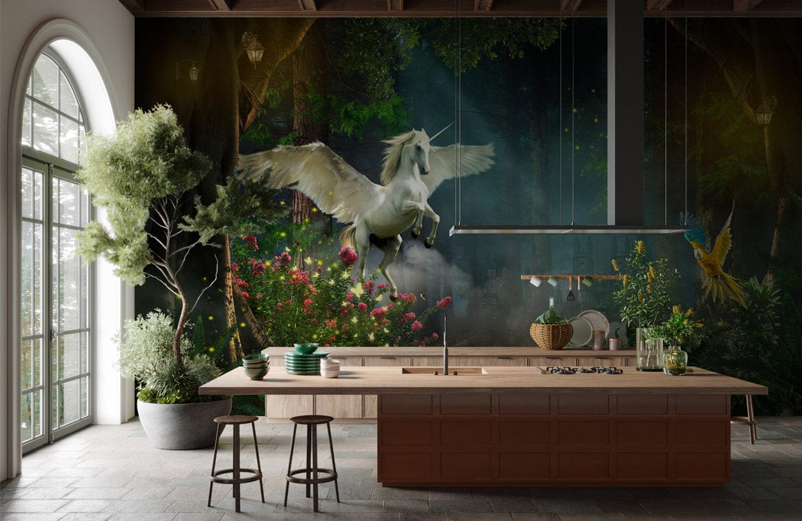 Magical Unicorn Enchanted Forest Wallpaper in modern kitchen with island counter, grey floor tiles.