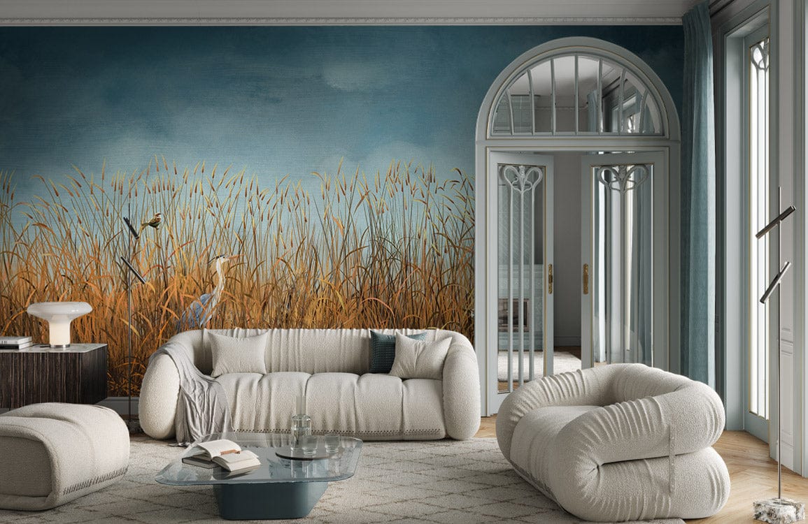 Tranquil waterscape mural with birds, grey sofas, blue walls, wooden flooring, modern living room design.