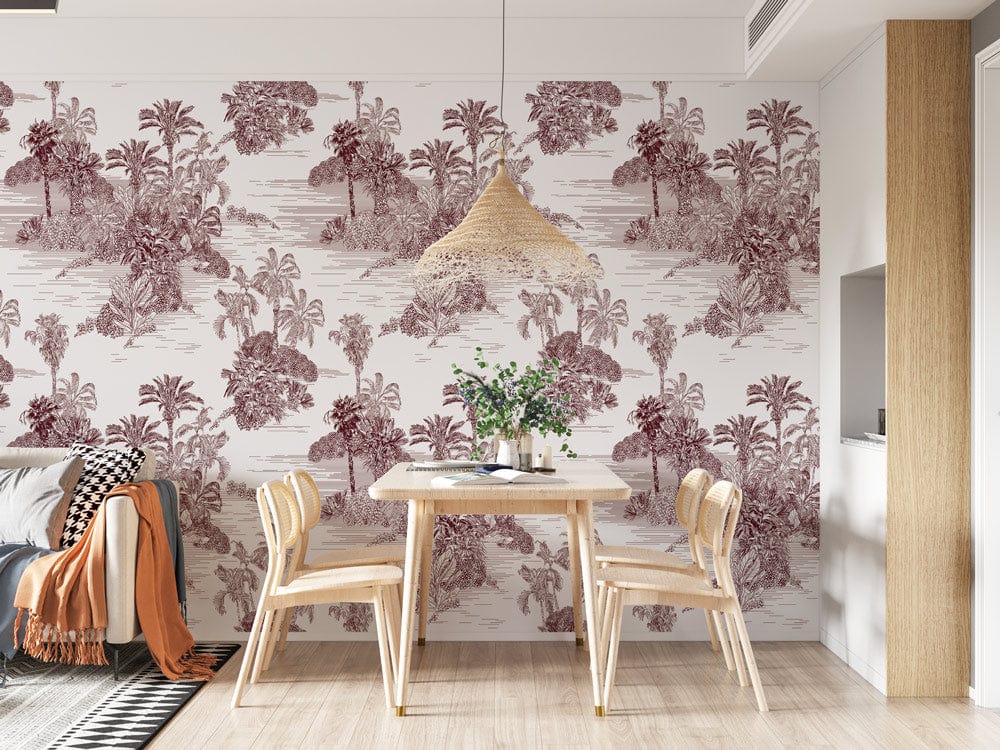 Tropical Oasis vintage botanical wallpaper, dining room, light wood furniture, stylish interiors, woven pendant light.