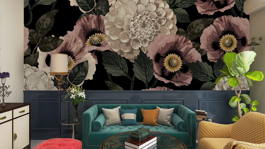 Vintage Floral Elegance Dark Botanical Mural in living room with teal sofa and mauve accents.