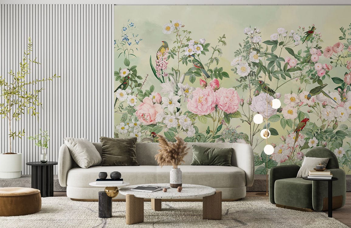 Elegant vintage floral wallpaper mural with birds; beige sofa, green armchair, modern living room design.