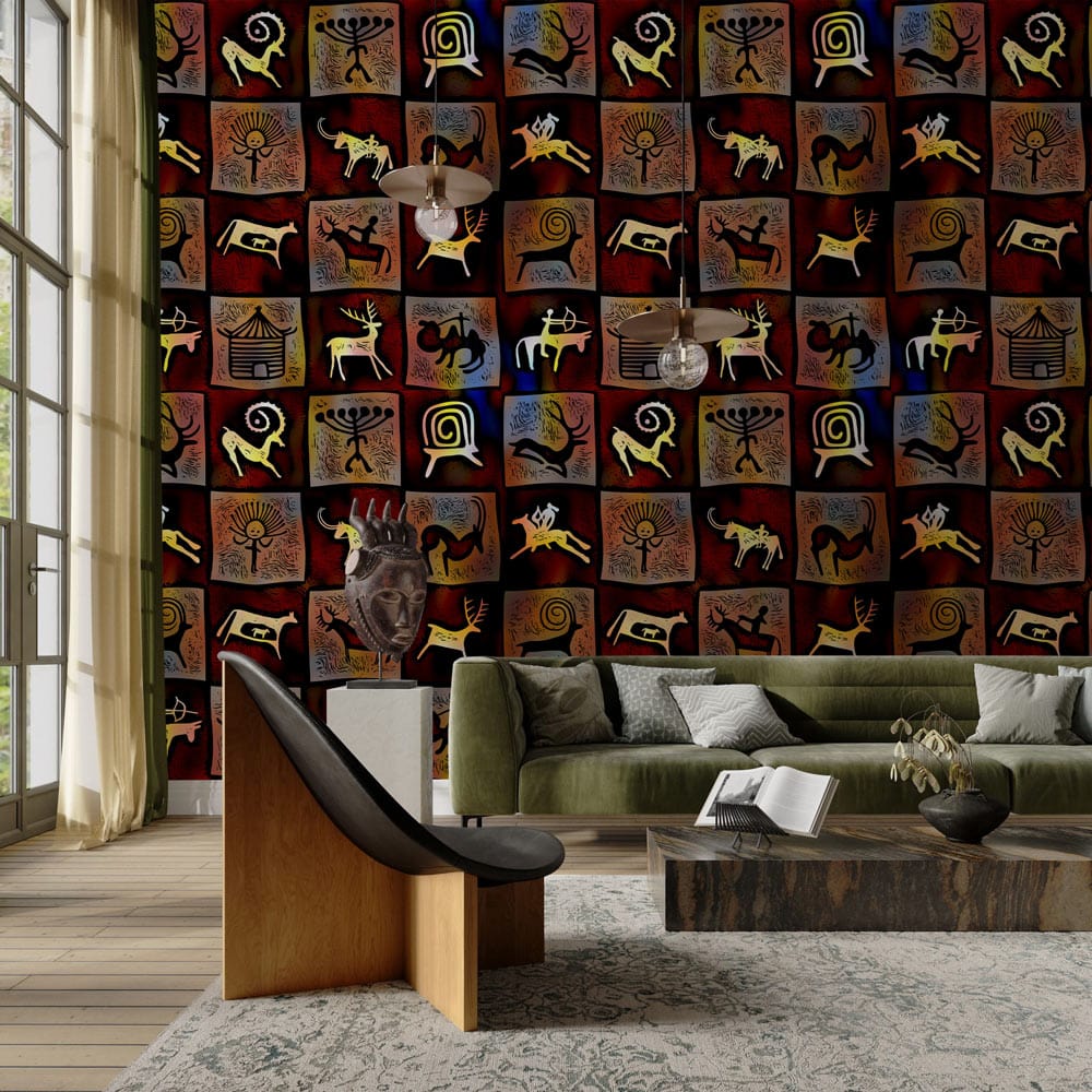 Rustic Tribal Motif Mural Wallpaper with earthy tones; green sofa, wood floors, modern living room.