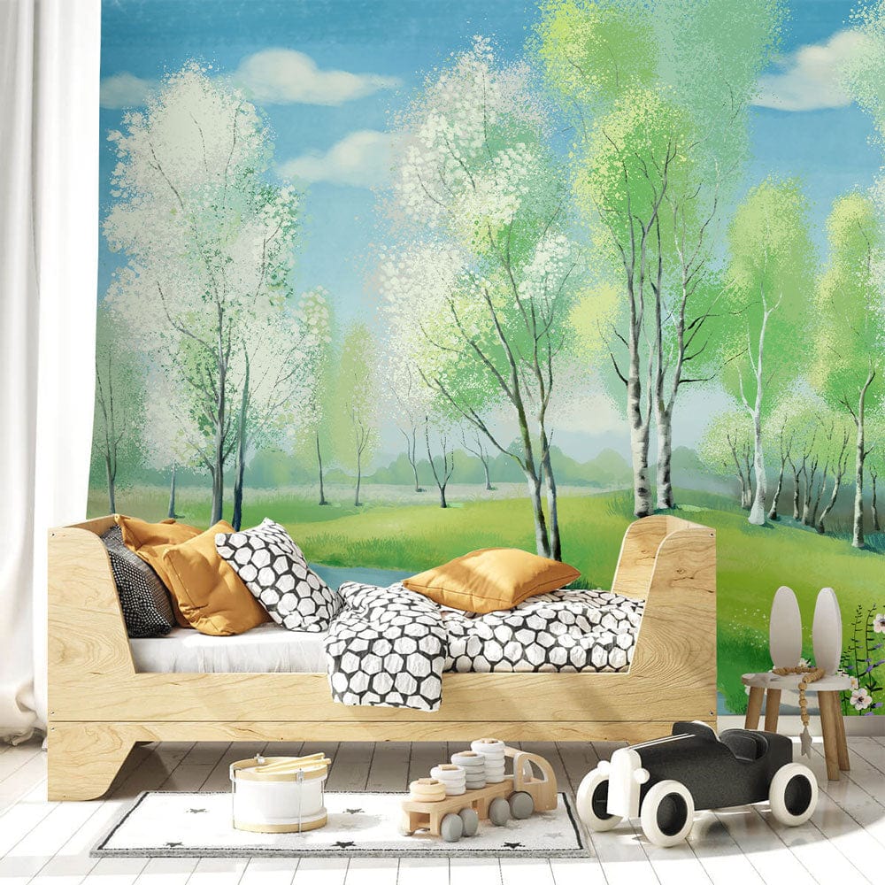 Tranquil Spring Birch Forest Mural Wallpaper with wooden bed, patterned cushions, in cosy children's room.