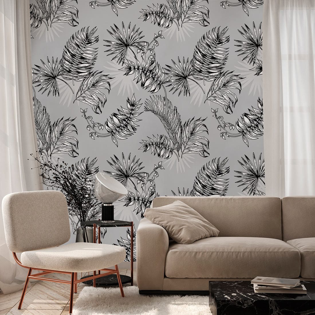 Elegant Monochrome Wallpaper with Grey Botanical Design, beige sofa, modern armchair, in stylish living room.