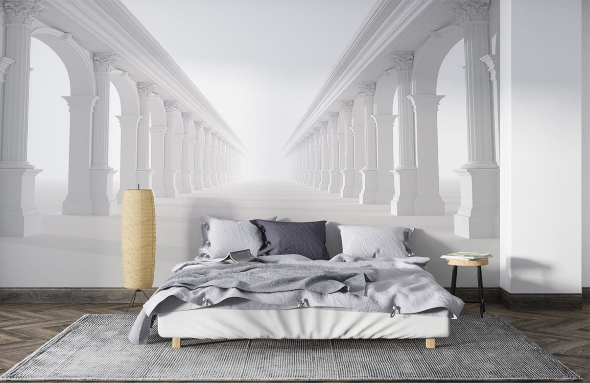 Classic white Roman arch mural wallpaper in elegant bedroom with grey bedding, hardwood floor, and lamp.