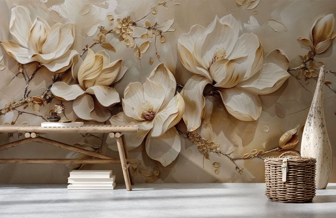 Elegant beige floral mural wallpaper with blossoms, wooden bench, basket, decorative vase, grey flooring.