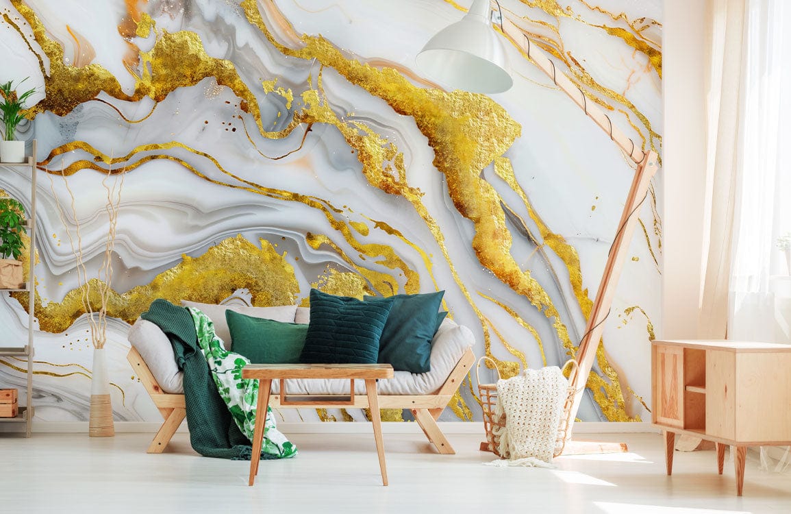 Luxurious gold and white marble effect wall art in modern living room with stylish sofa and flooring.