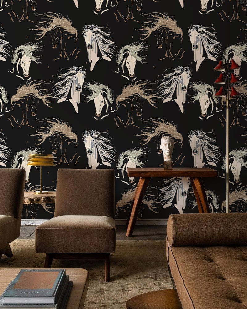 Enchanted Woodland Creatures wallpaper in modern living room with elegant armchairs, brown sofa, wooden table.