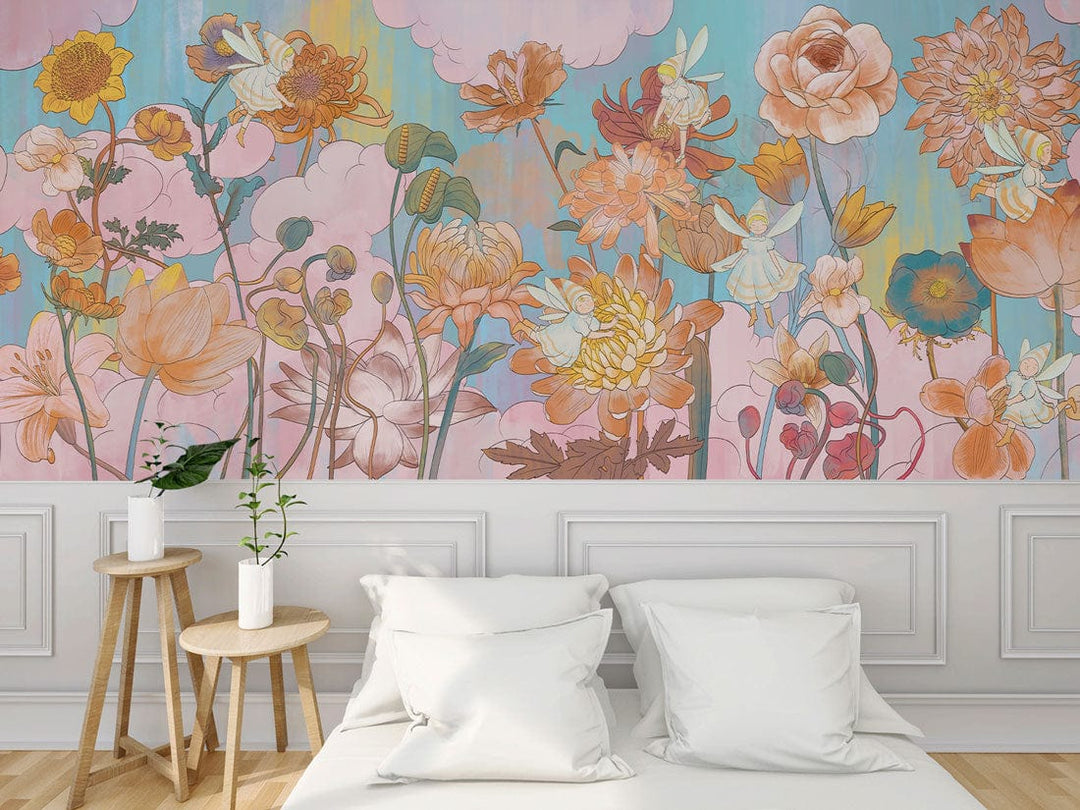 Vibrant floral dreams mural wallpaper in blush, aqua tones; white bed, wooden stools, light flooring.