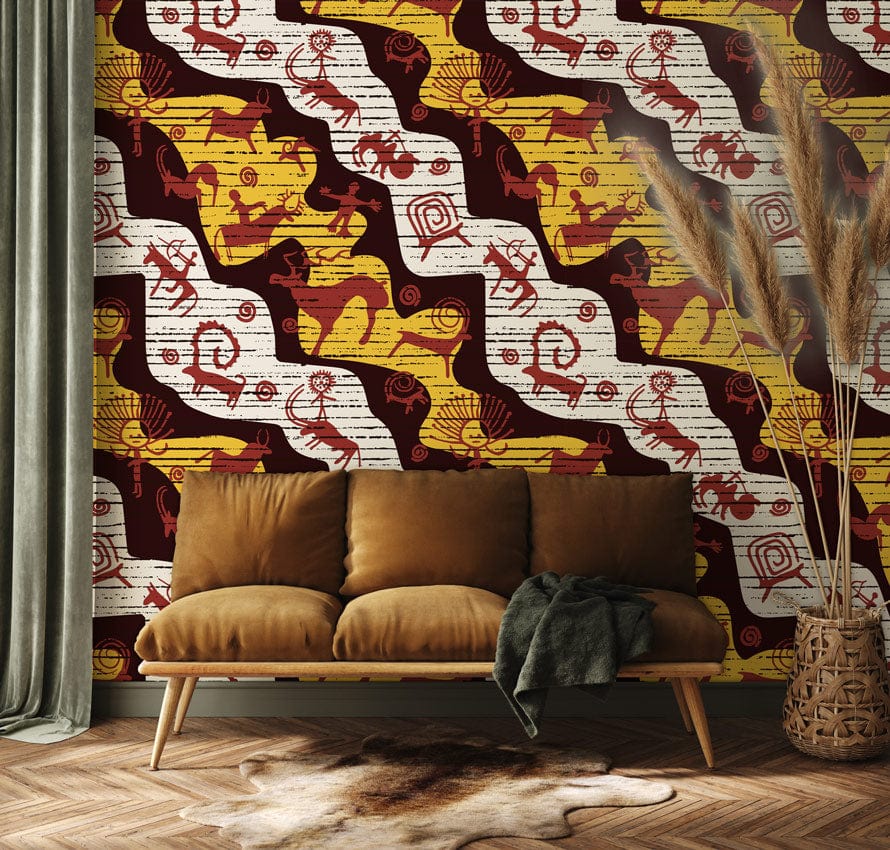 Rustic Tribal Abstract Wallpaper, earthy tones; brown sofa, wood flooring, contemporary decor in cosy room.