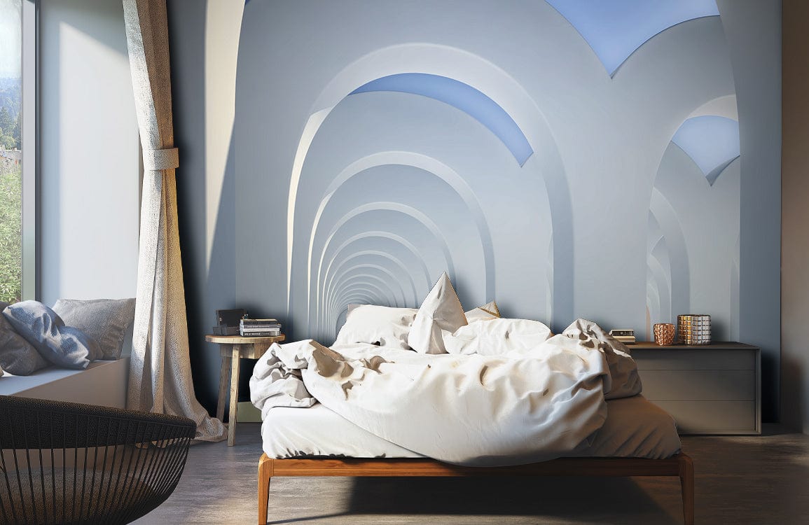 Elegant minimalist white and blue archway mural in modern bedroom with cosy white bed, neutral flooring.
