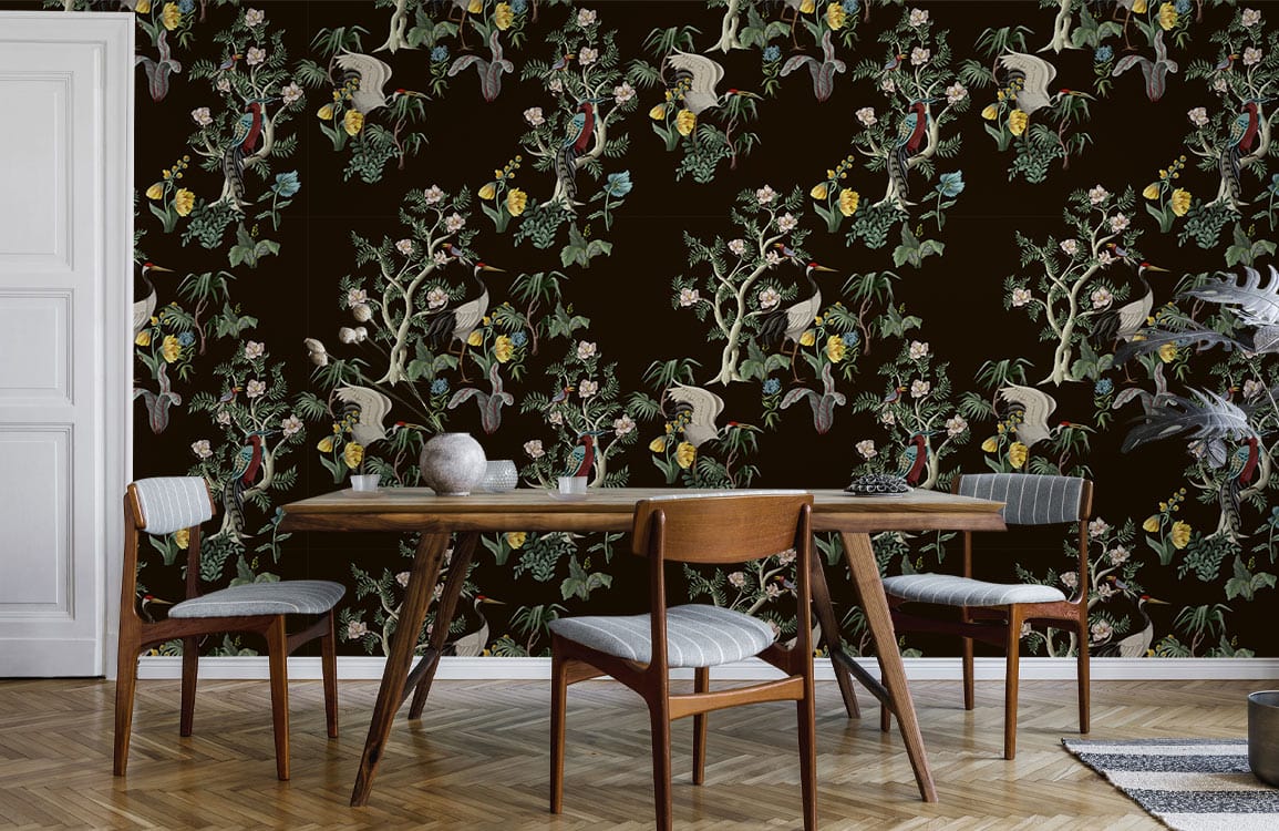Vintage Botanical Garden Dark Tapestry Mural Wallpaper, floral design, wooden dining chairs, parquet flooring.
