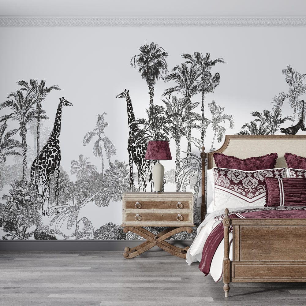 Tropical Safari Adventure Monochrome Wallpaper with patterned bedding, wooden bed, side table, grey flooring.