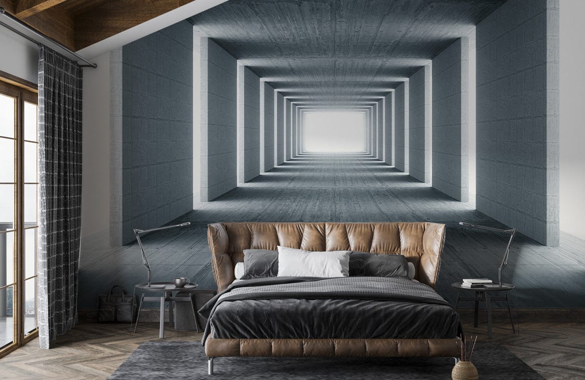 Bedroom featuring Abstract Grey Tunnel Mural Wallpaper, modern bed, parquet flooring, and stylish decor.