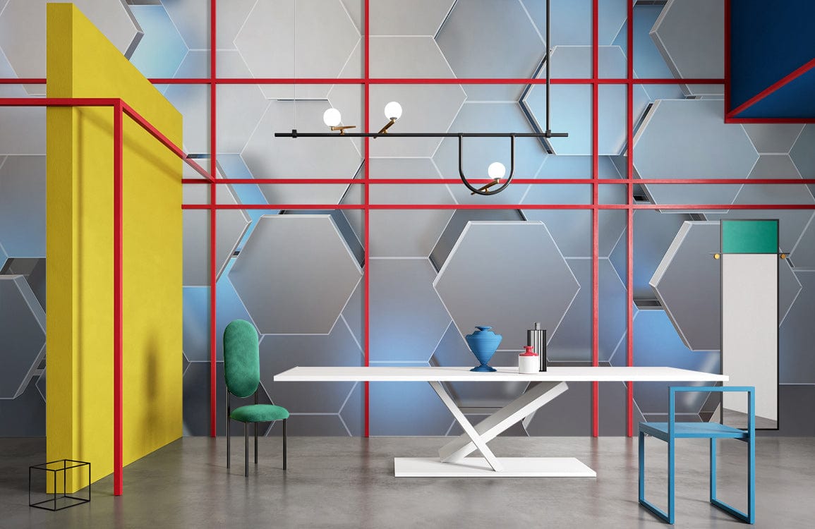 Modern hexagonal silver-blue 3D wallpaper design, room features geometric decor, white table, modern lighting.