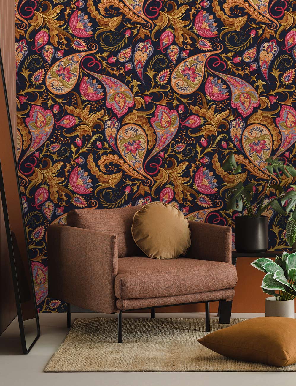 Elegant Paisley Charm multi-colour wallpaper, brown armchair, and rug in vintage style living room.