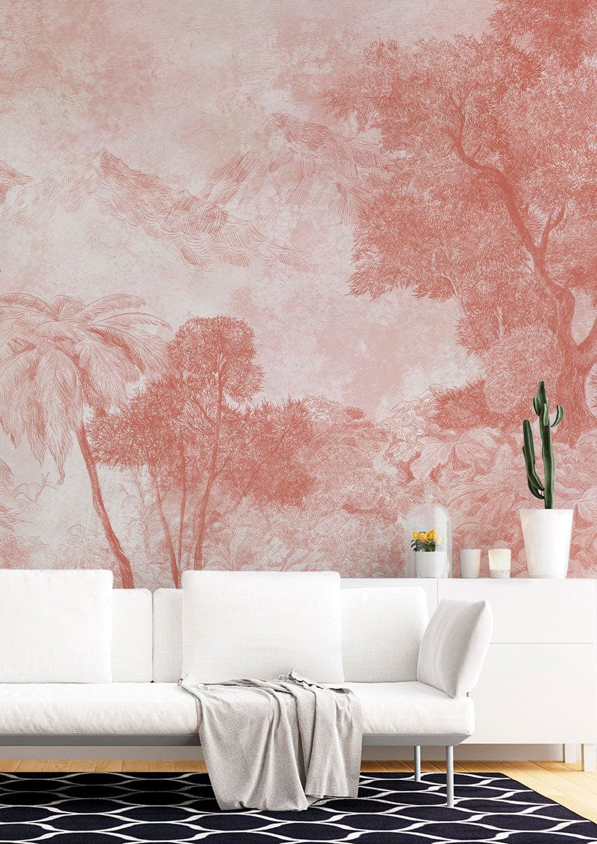 Coral Scenic Jungle Mural Wallpaper in living room, with white sofa and patterned black rug.
