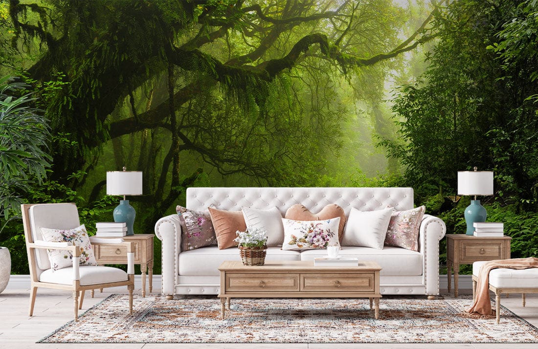 Enchanting Forest Stream Mural Wallpaper in living room with cream sofa, wooden tables, patterned rug.