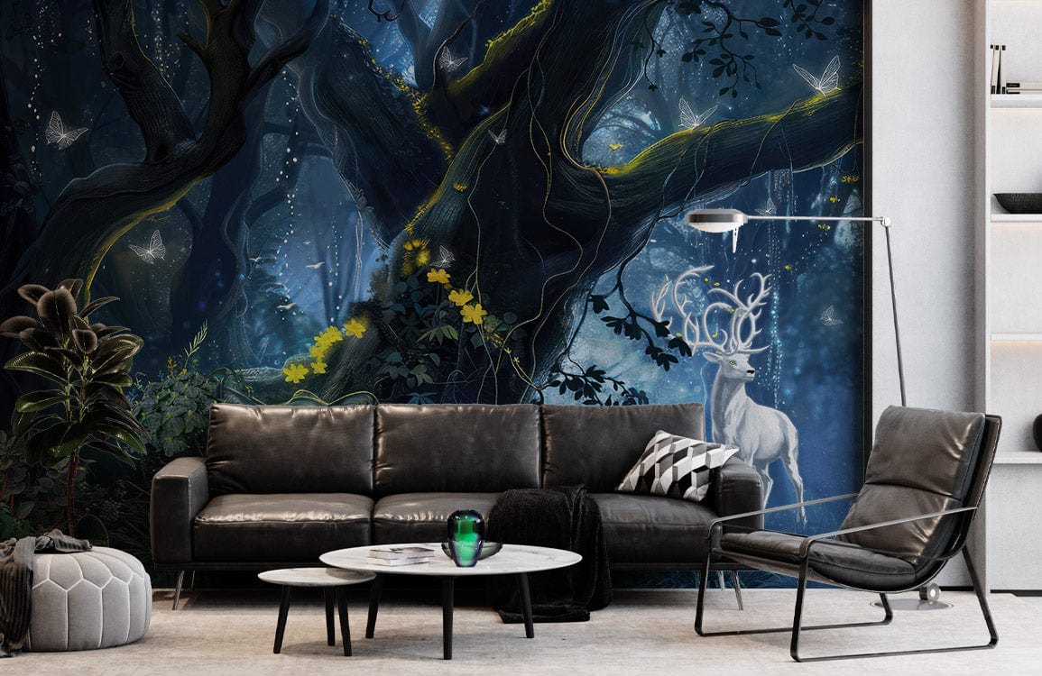 Mystical forest stag mural in blue-green room with black leather sofa, modern light, and armchair.