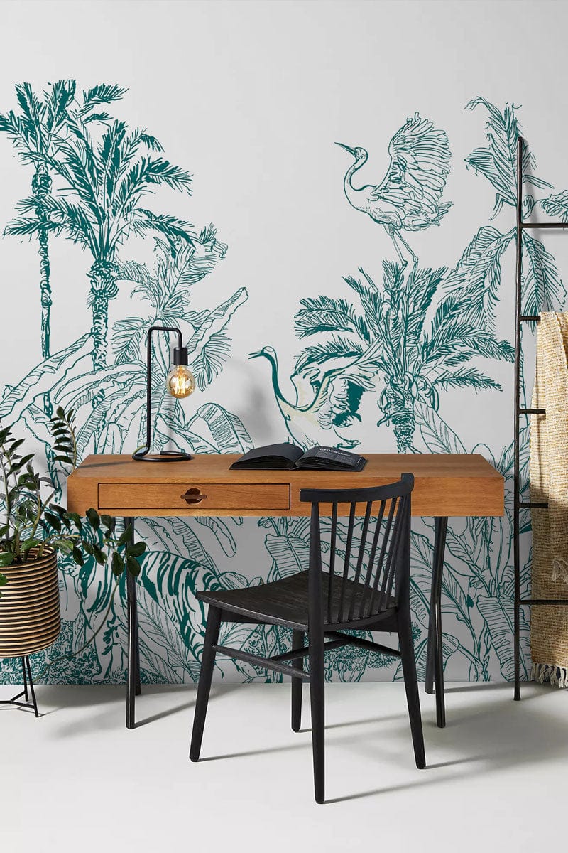 Tropical Safari Green Jungle Mural Wallpaper, mid-century desk, black chair, stylish office setting.