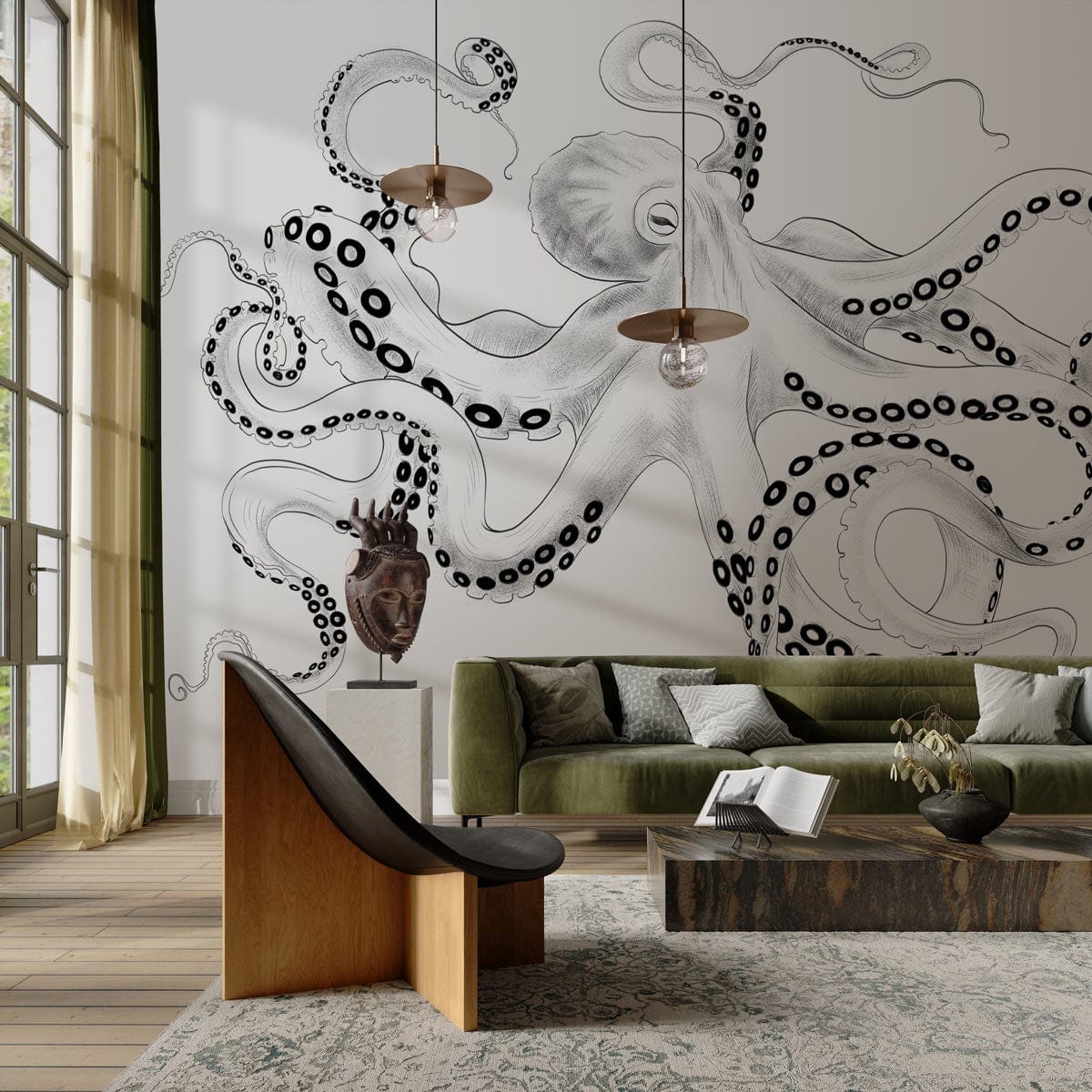 Monochrome octopus mural wallpaper with olive sofa, contemporary wood floor, modern pendant lights in living room.
