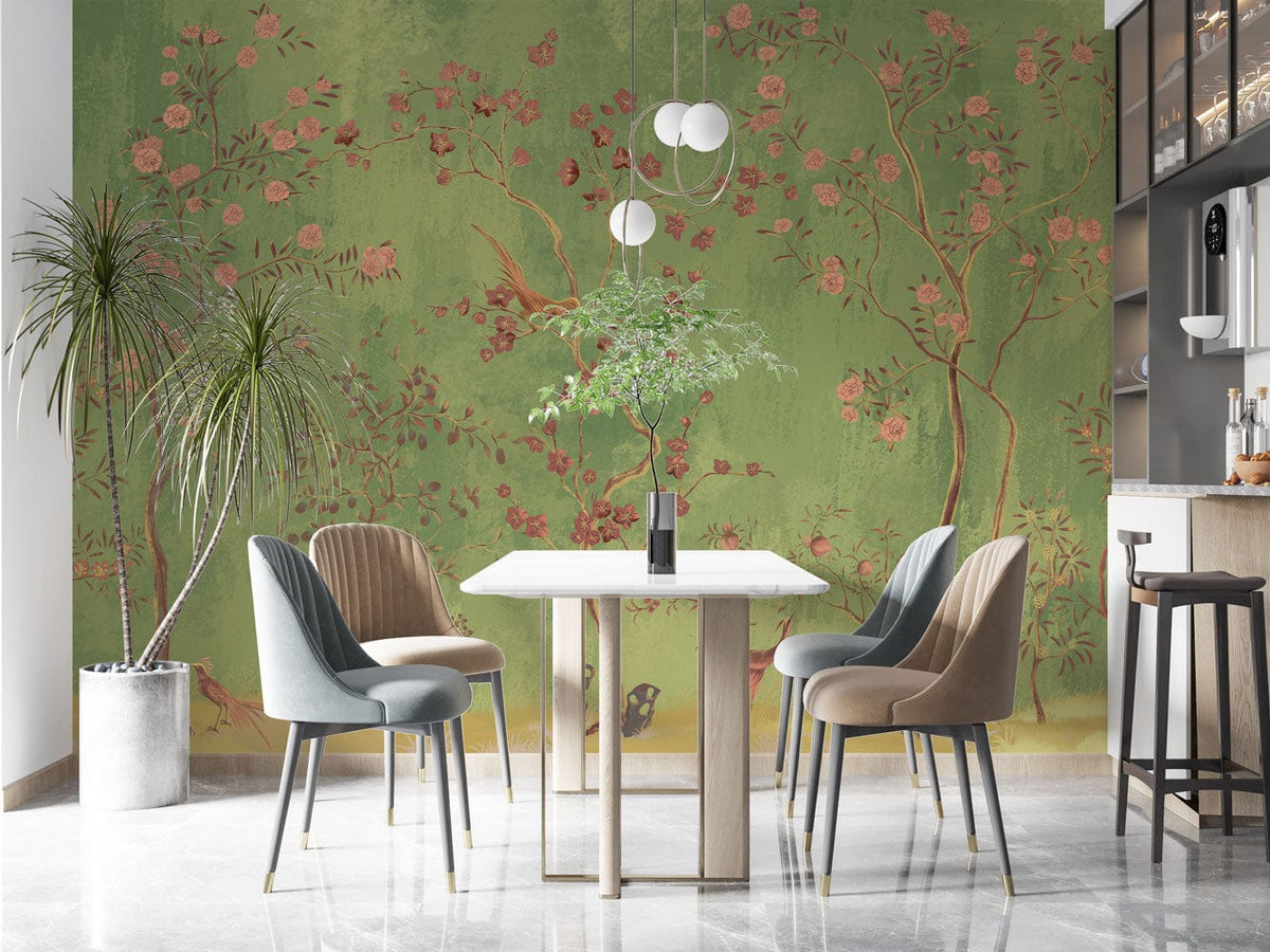 Elegant green wallpaper with birds, blooming trees, dining chairs, marble floor, kitchen bar stools.
