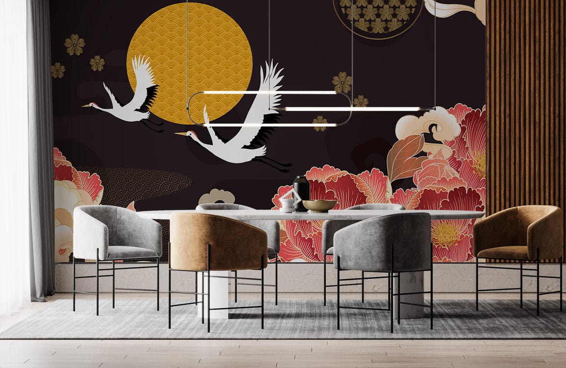 Elegant dining room with Japanese Crane and Floral Wallpaper Mural in black and gold, contemporary chairs.