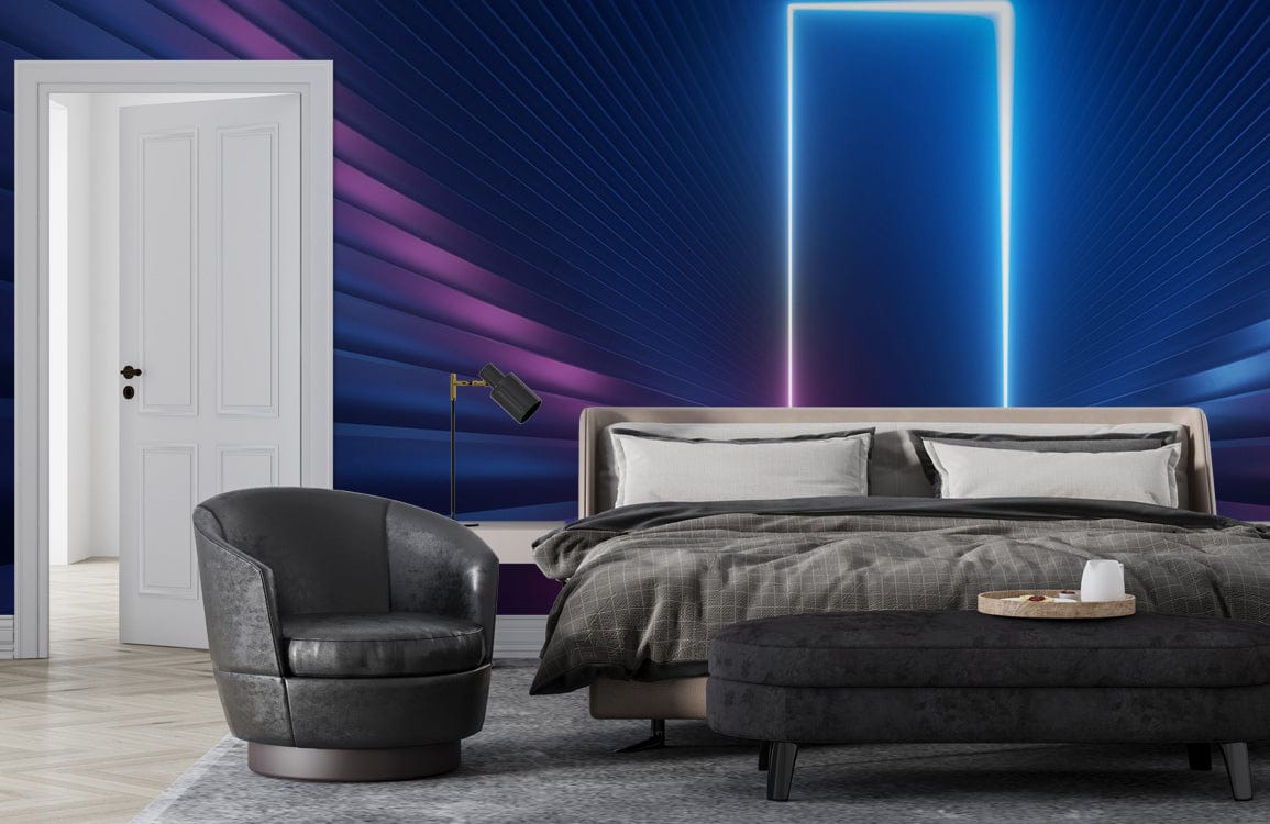 Futuristic Neon Geometric Wallpaper in modern bedroom featuring grey bed, armchair, hardwood floor, Art Deco style.