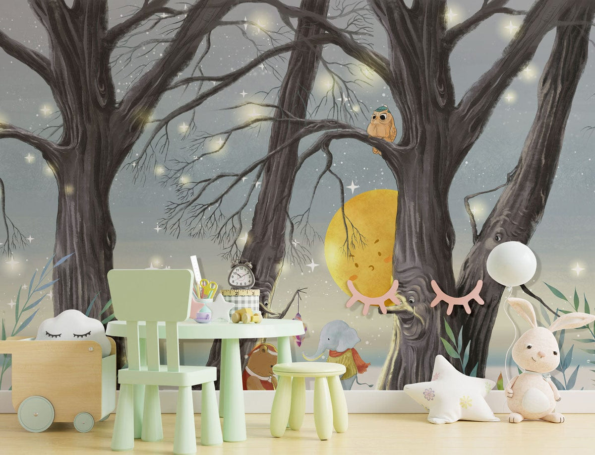Pastel children's furniture with Magical Woodland Creatures Night Sky Mural Wallpaper creating a whimsical atmosphere.