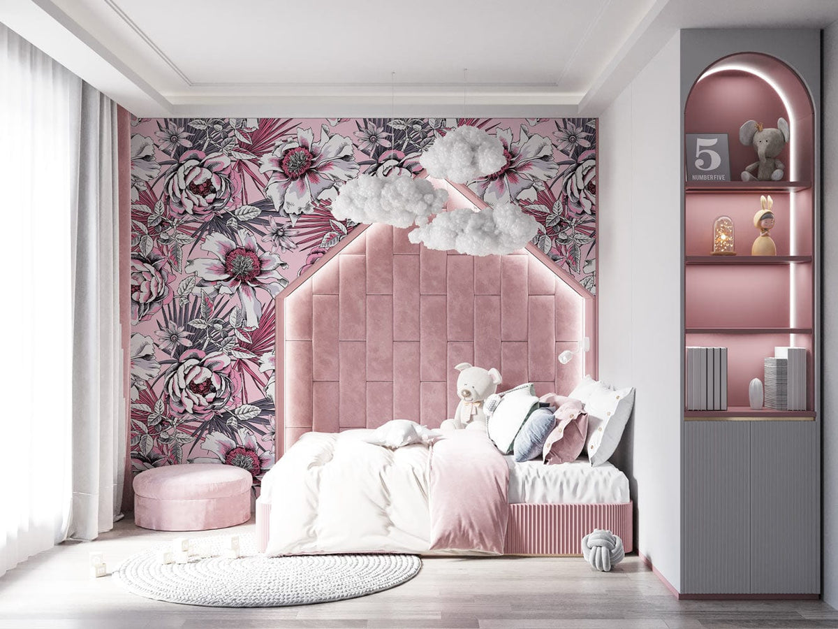 Elegant pink floral wallpaper in chic bedroom, velvet bed, grey shelving, plush decor accents, hardwood flooring.
