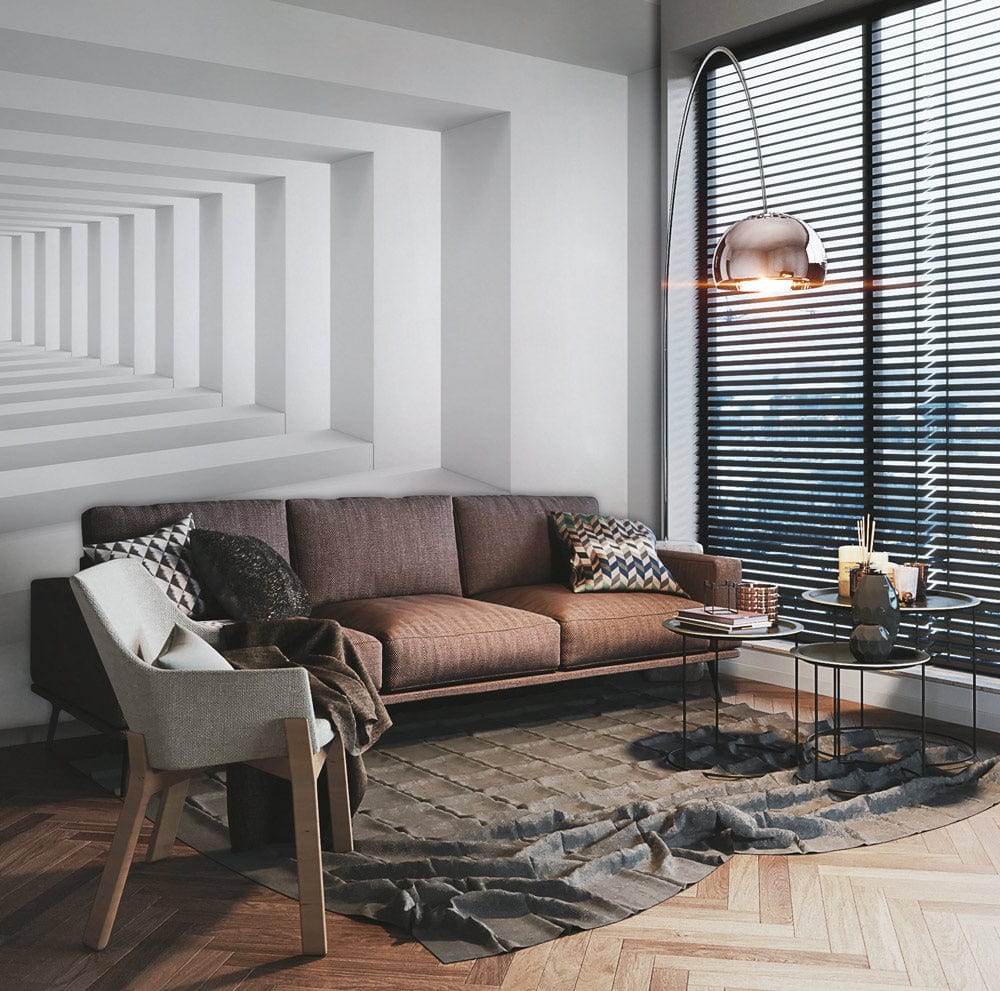 Modern white geometric mural wallpaper in contemporary living room with brown sofa and wooden flooring.