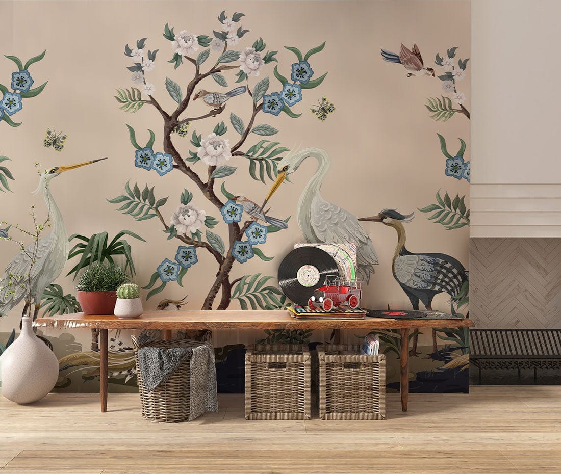 Elegant Heron Mural Wallpaper in soft pastels, wooden floor, wicker baskets, cosy living room setting.