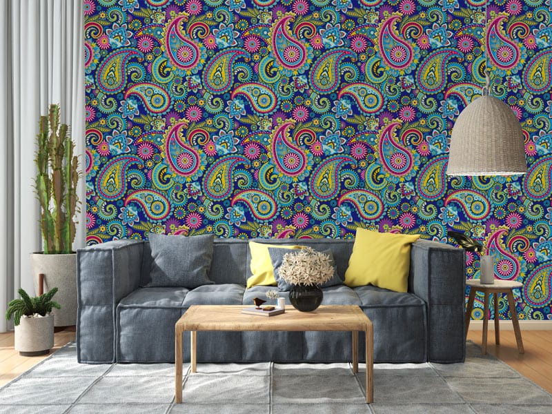Bohemian Paisley Wallpaper in a living room with grey sofa, wooden coffee table, modern hanging lamp.