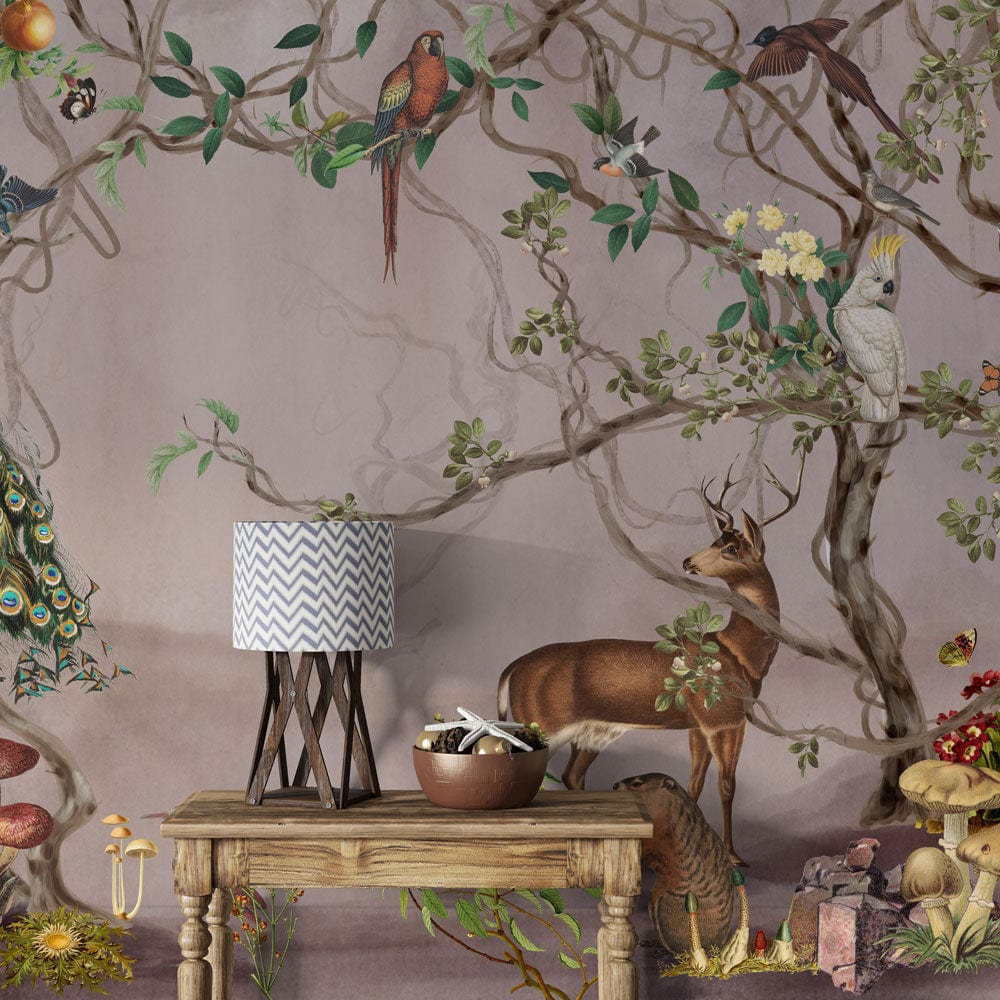 Exotic Wildlife Safari Mural Wallpaper with deer, birds; rustic table; chevron lamp; earthy tones.