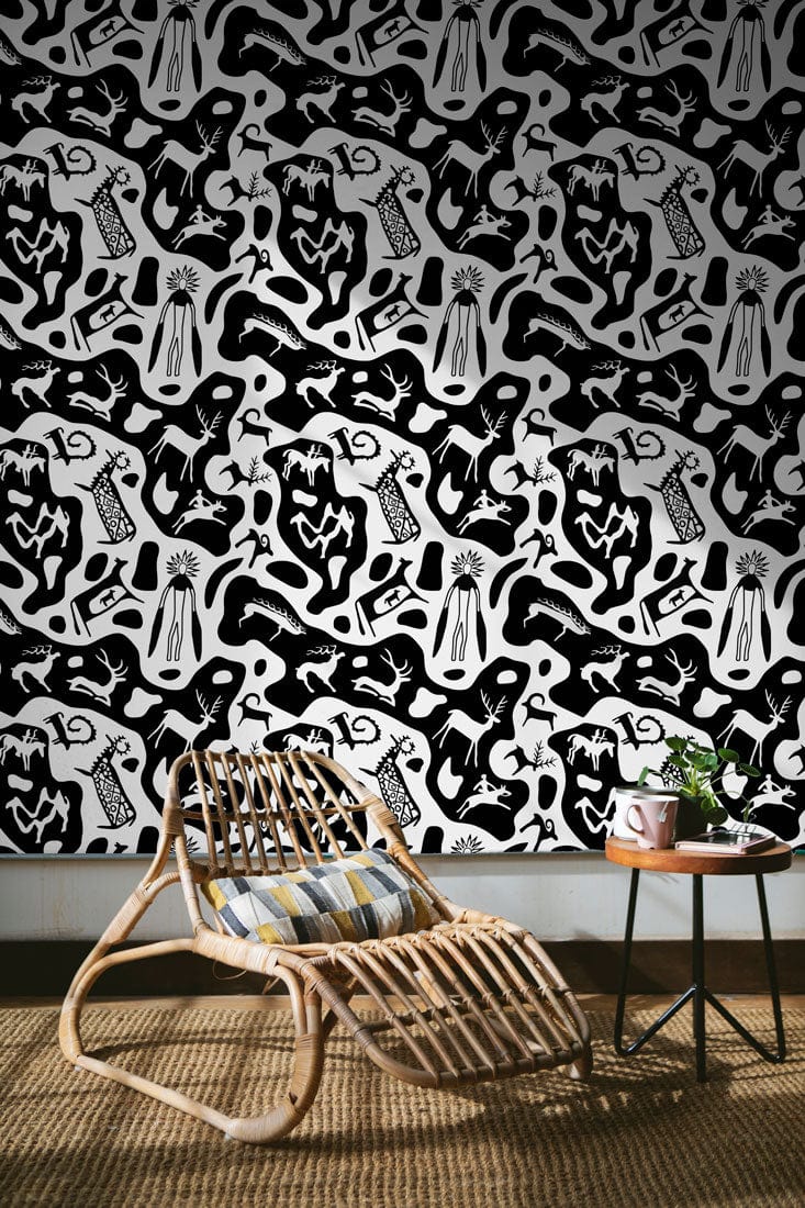 Monochrome Abstract Safari Art Wallpaper, black and white, contemporary design; rattan chair, woven flooring.