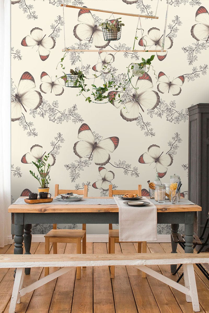 Vintage Botanical Butterfly Wallpaper in elegant cream and rust adorns dining room with wooden flooring.