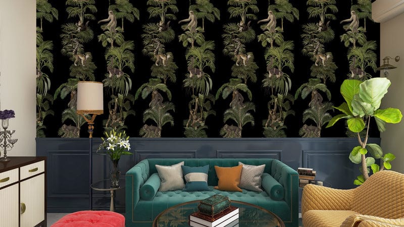 Exotic mural wallpaper with monkeys, teal sofa, dark wall panels, modern lamp in chic living room.