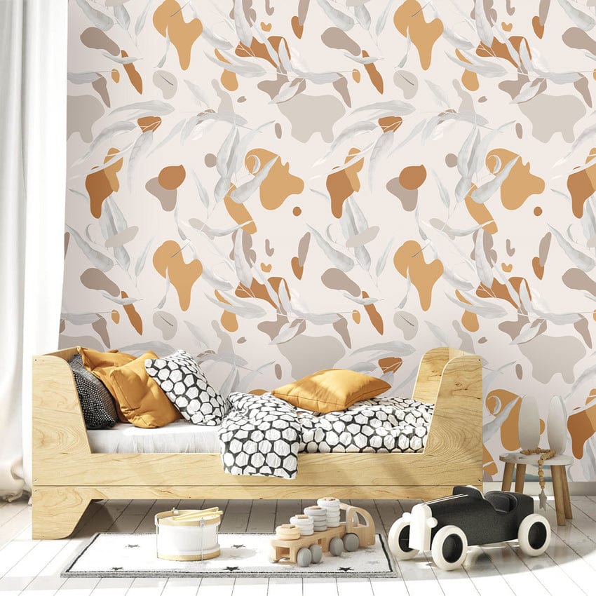 Contemporary Earth Tones Abstract Wallpaper in modern bedroom with wooden bed, cushions, and toys.