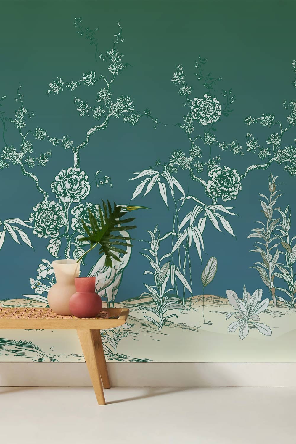 Elegant Green Heron and Floral Wallpaper in living room with wooden bench, white flooring, colourful vases.