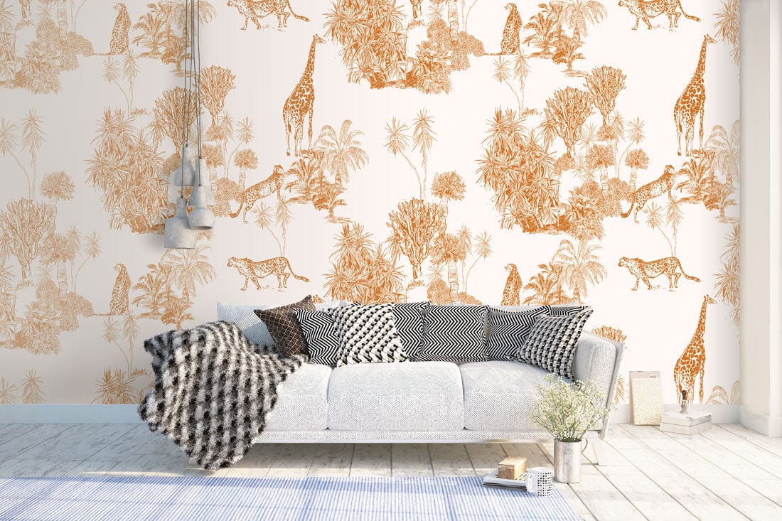 Vintage Safari Oasis wallpaper in living room, grey sofa, wooden flooring, pendant lights, orange theme.