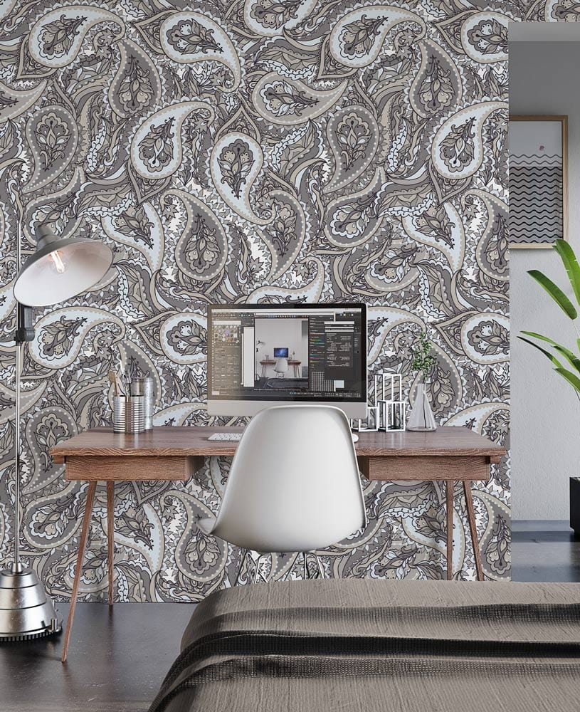 Elegant grey paisley wallpaper in modern interior decor with wooden desk, white chair, and clear lamp.