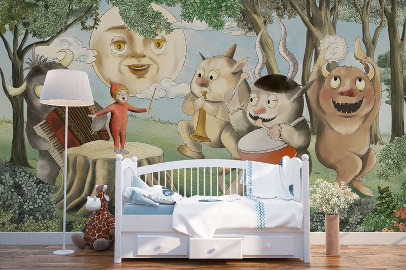 Whimsical Forest Creatures mural in children's bedroom with white bed, wooden flooring, and floor lamp.