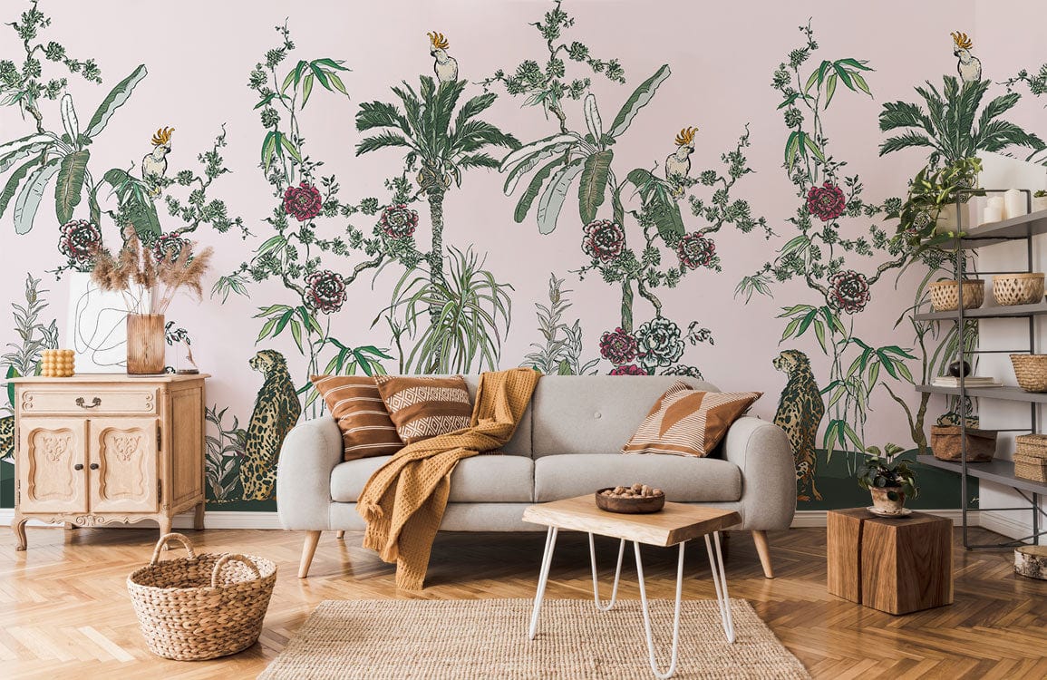 Exotic Jungle wallpaper with leopards, tropical design, grey sofa, wooden floor, and light pink walls.