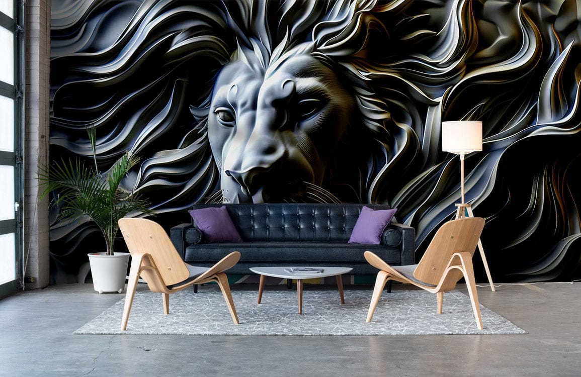 Majestic Grey Lion Mural Wallpaper in living room with black sofa, wooden chairs, grey rug.