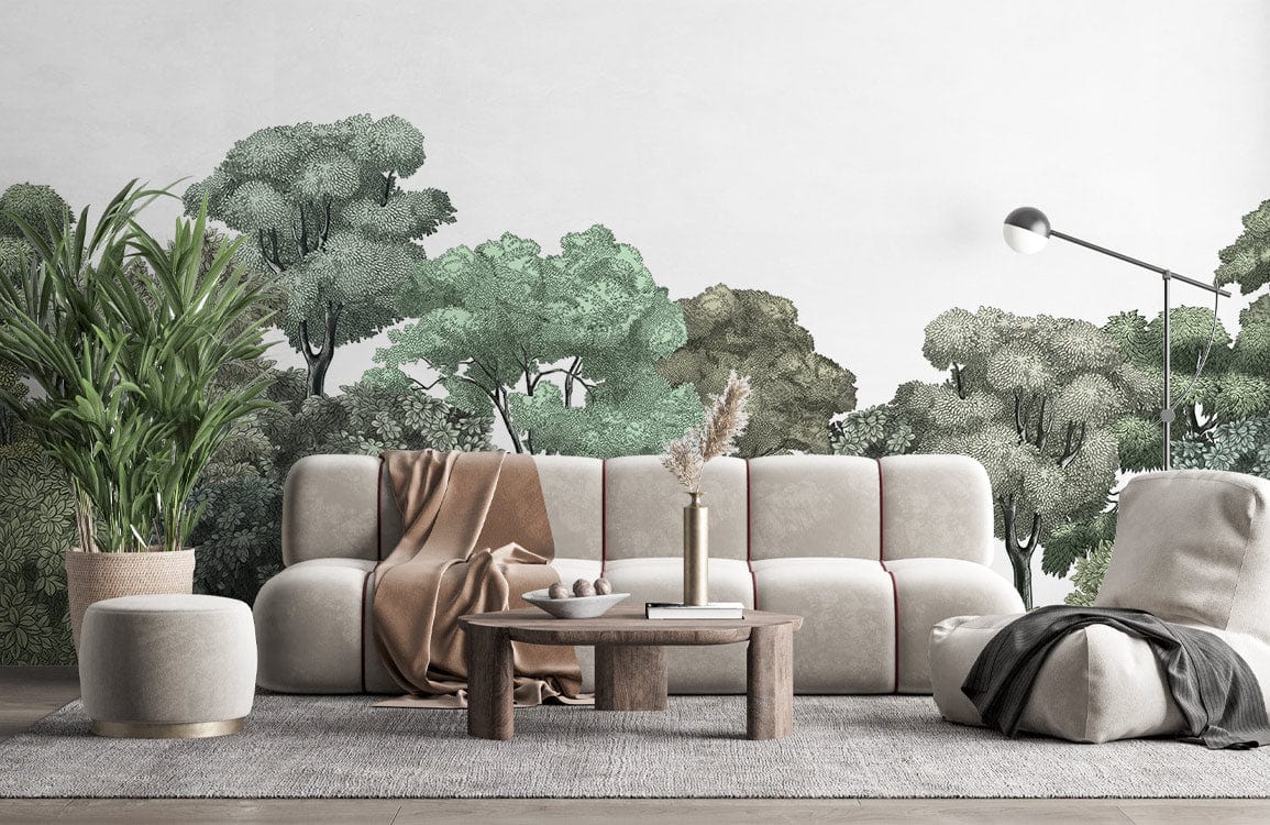 Modern living room with Serene Forest Green Canopy Mural, neutral sofa, grey rug, and floor lamp.