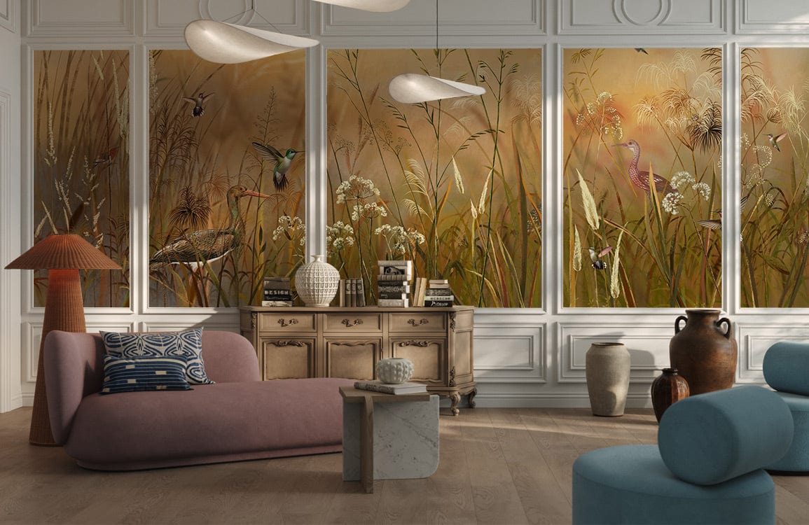Vintage autumn meadow mural wallpaper with birds, elegant furniture, pastel sofa, wood flooring, decorative vases.