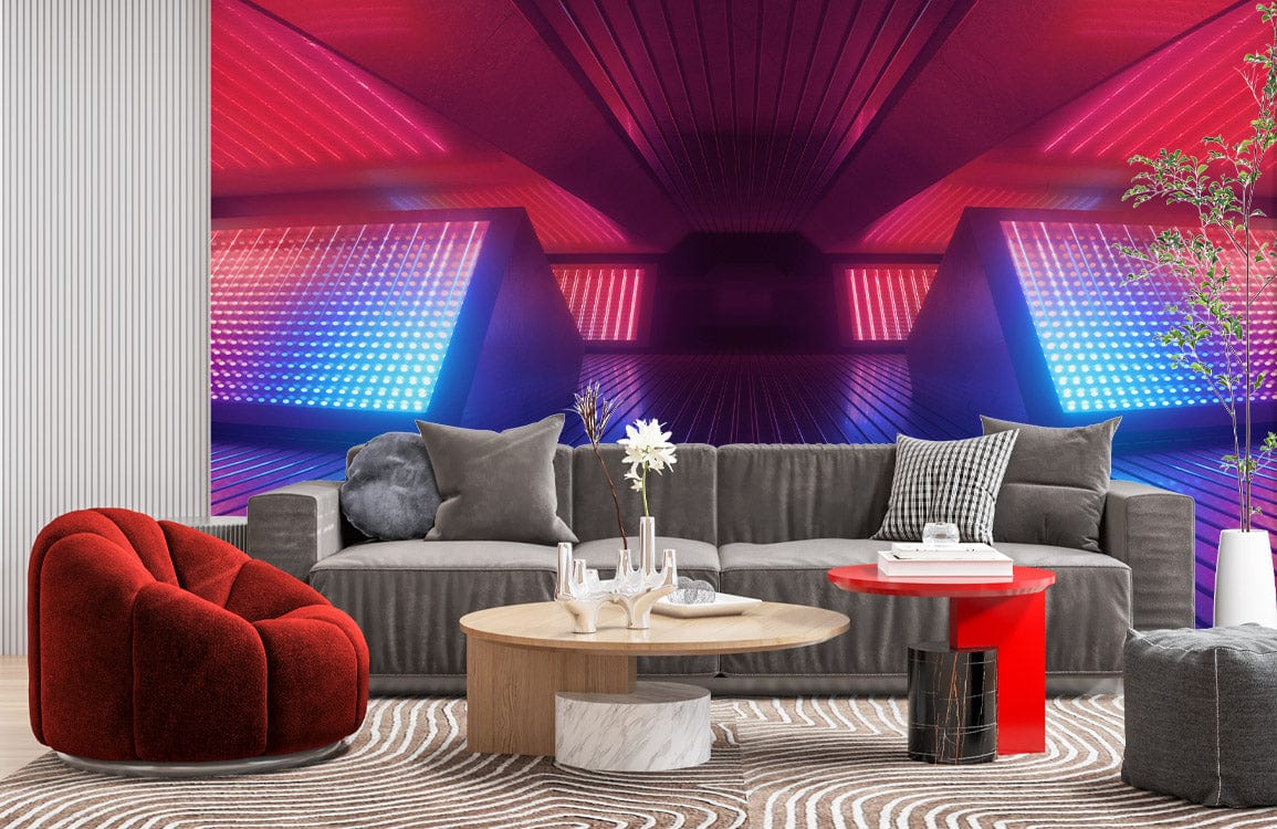 Vibrant geometric mural wallpaper, blue and pink, grey sofa, red chair, modern living room setting.