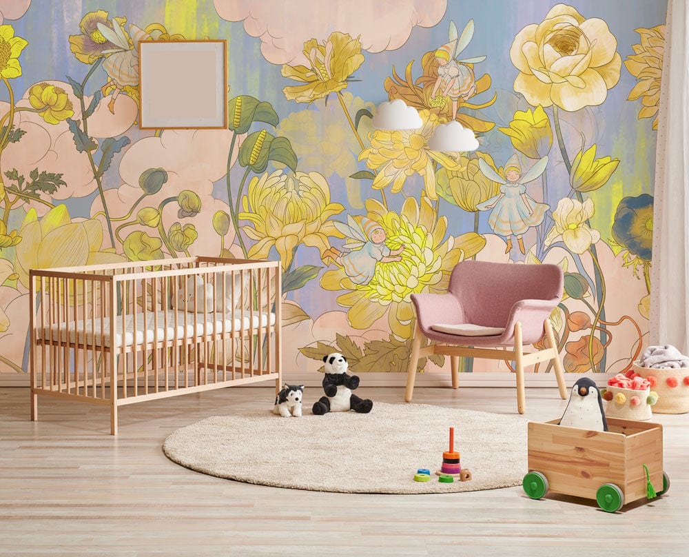 Golden Floral Bliss Mural in nursery with pastel tones, wooden cot, pink chair, and toys.