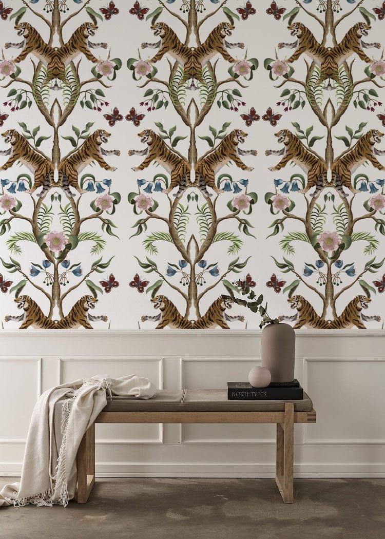 Victorian style vintage floral wallpaper with earthy tones, elegant bench, decorative wall panelling.